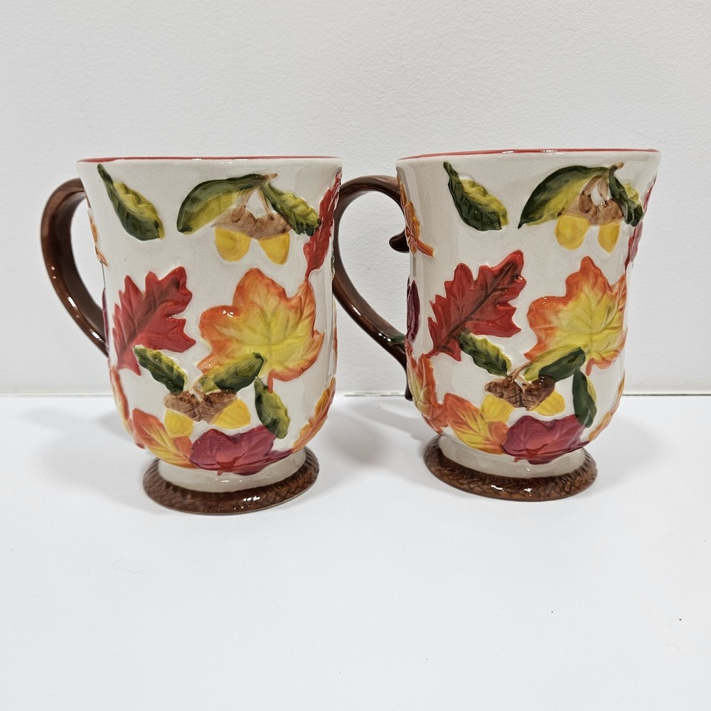 2 Temptations By Tara Leaves‎ Acorns HARVEST 12 oz Embossed Coffee Mugs Cups